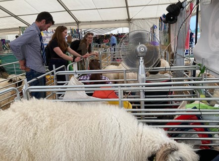 Ymchwilwyr AD|ARC Laura Madden a Sarah Lowe yn sgwrsio gyda ffermwyr defaid yn Sioe Balmoral