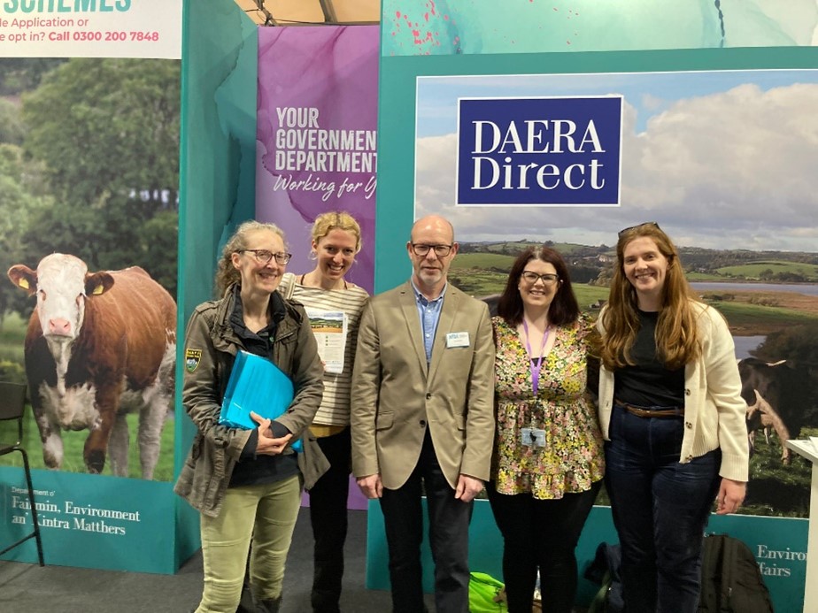 The team at the Balmoral Show in Northern Ireland: Sarah Lowe (AD|ARC researcher), Freya Pryce (AD|ARC researcher), Paul Caskie (AD|ARC Principal Investigator), Amy Dunlop (NISRA, AD|ARC-NI), and Laura Madden (AD|ARC researcher)