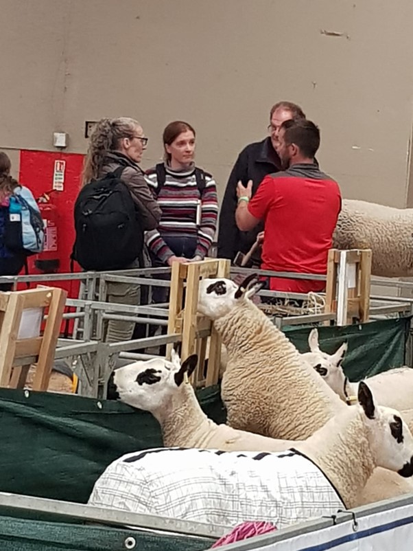 AD|ARC researchers Sarah Lowe and Laura Madden in discussion with sheep farmers at the Three Counties Show